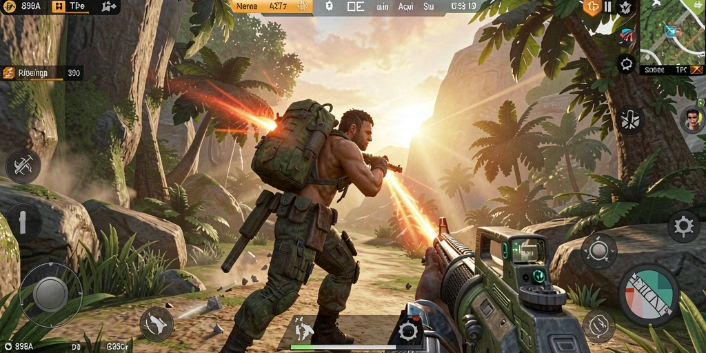 Screenshot dari gameplay seru 898A yang menunjukkan aksi tembak-menembak.