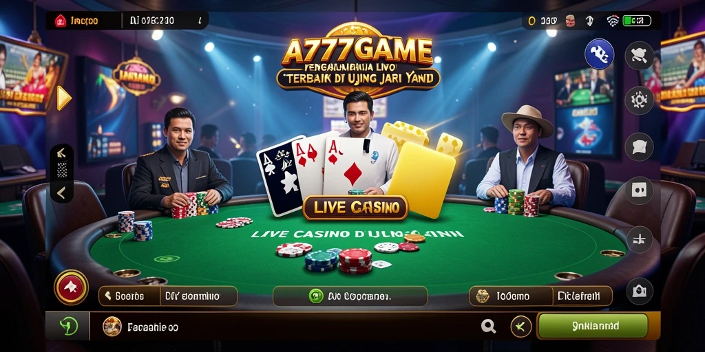 Screenshot A777GAME menampilkan dealer profesional dan suasana kasino yang hidup.