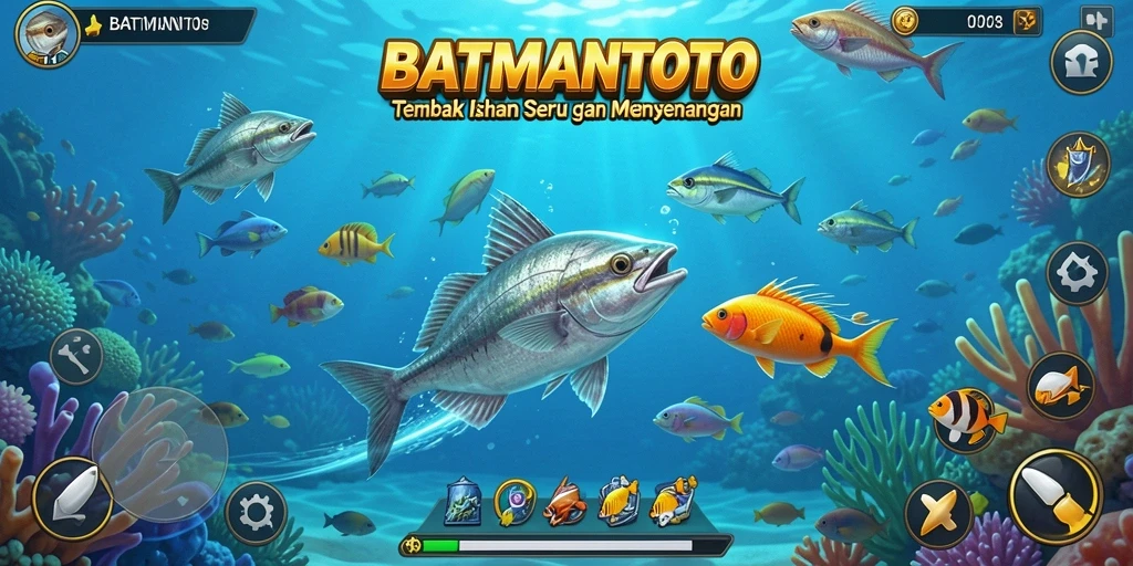 Screenshot gameplay menampilkan ikan berwarna-warni dan aksi menembak yang seru.