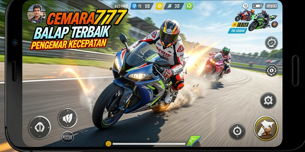 Tampilan gameplay CEMARA777 yang menampilkan balapan motor yang mendebarkan.