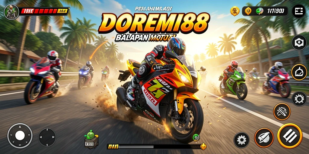 Tampilan gameplay DOREMI88 yang menampilkan kecepatan balap motor.