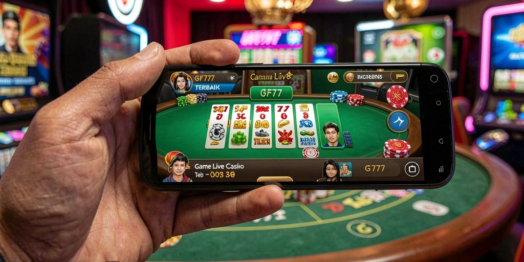 Tampilan screenshot GF777 yang menunjukkan dealer live dalam permainan.