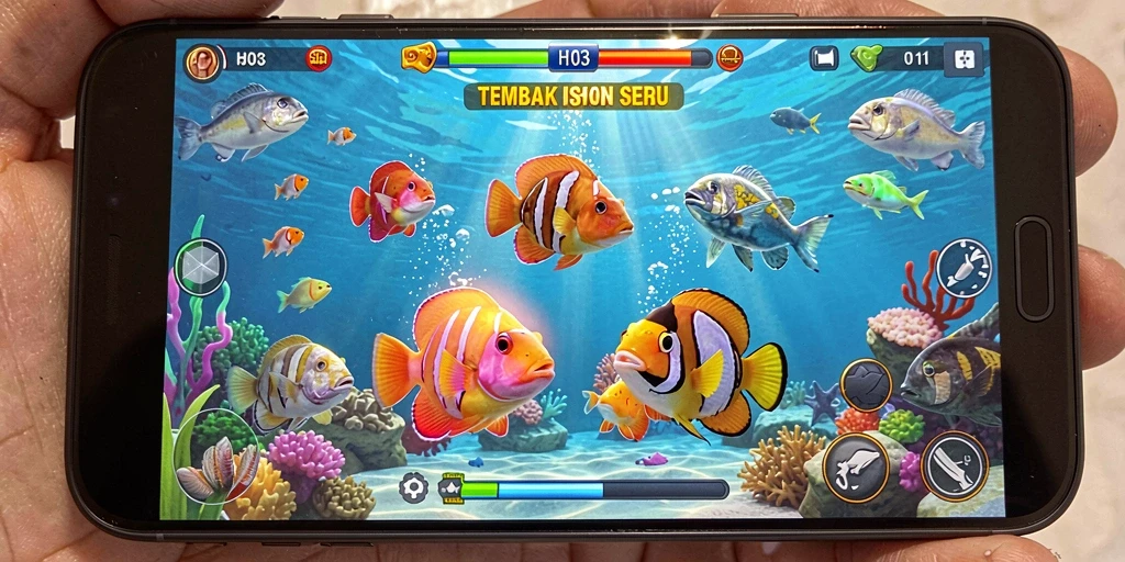 Tangkapan layar gameplay H03 menampilkan aksi menangkap ikan yang seru.