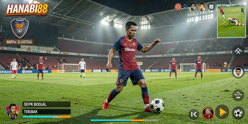 Tampilan gameplay <strong>HANABI88</strong> yang menggembirakan dengan aksi sepak bola yang mengesankan.