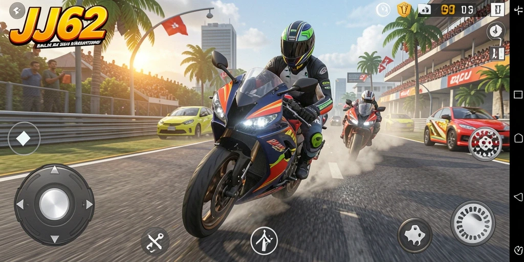 Screenshot menampilkan balapan motor yang seru di JJ62.