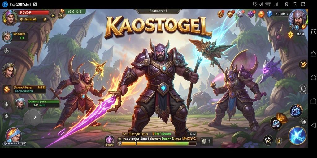 Screenshot gameplay KAOSTOGEL menampilkan pertarungan seru antara karakter pemain dan monster.