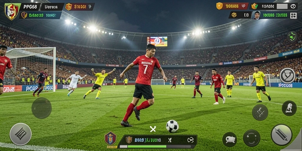 Tampilan gameplay PGG68 yang menegangkan saat pertandingan sepak bola berlangsung.