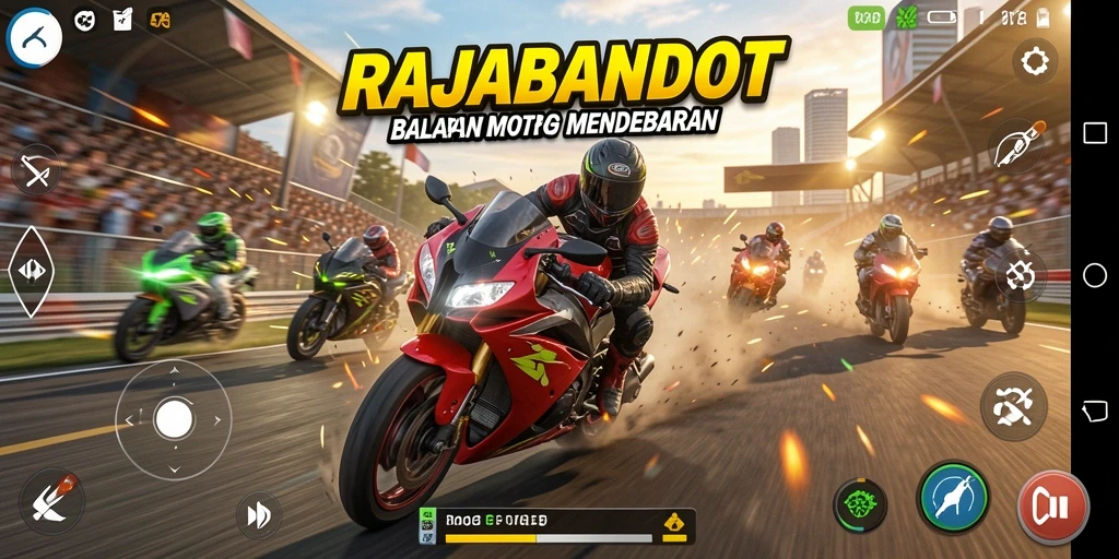 Screenshot dari gameplay <strong>RAJABANDOT</strong> yang penuh aksi balapan motor.