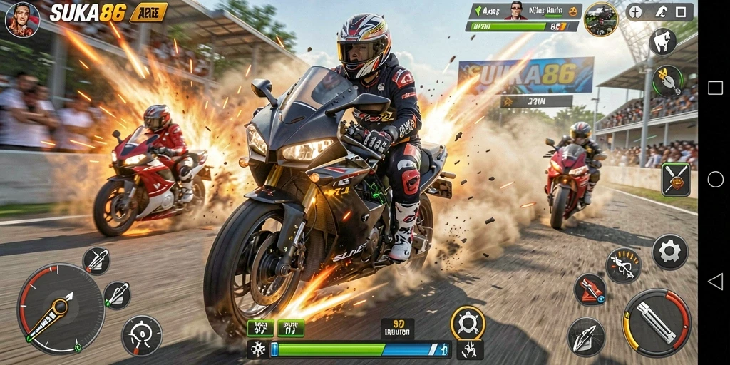 Gameplay menegangkan dalam SUKA86 saat balapan motor.